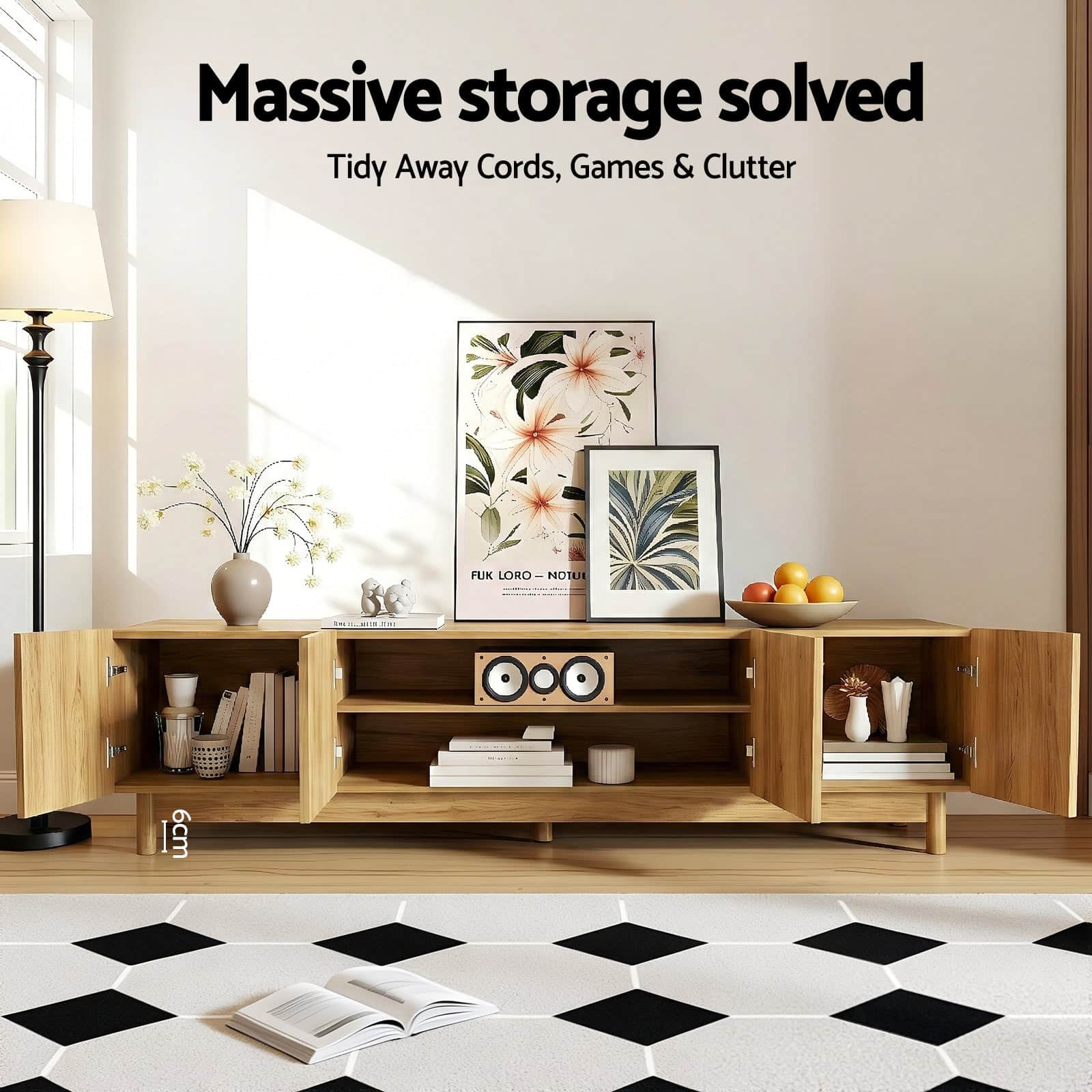 Pine TV Unit Entertainment Cabinet 180cm Storage with Soft Close Doors