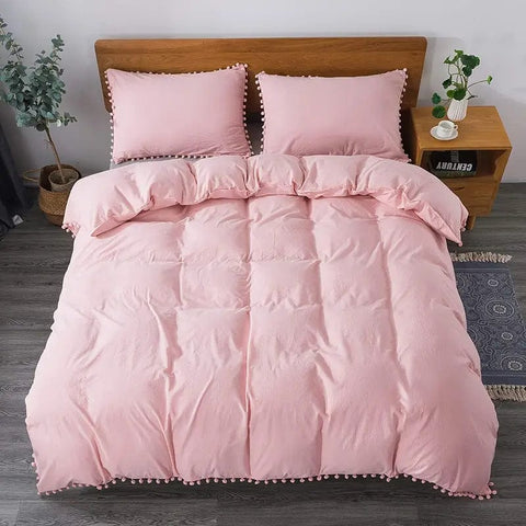Pink Boho Duvet Cover Set - 3 Piece Washed Cotton with Ruffle Pom-Fringe Pompoms