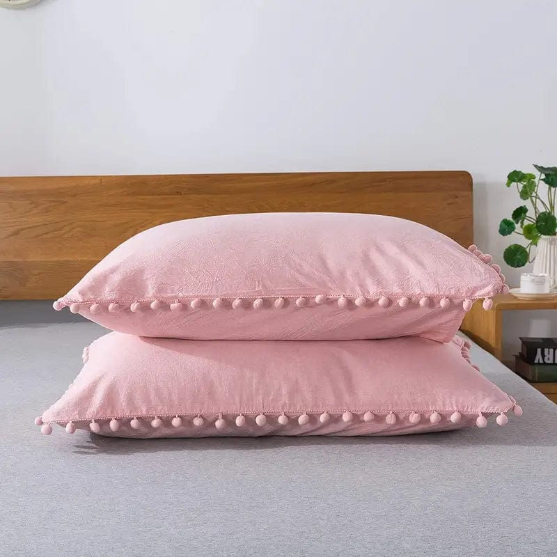 Pink Boho Duvet Cover Set - 3 Piece Washed Cotton with Ruffle Pom-Fringe Pompoms