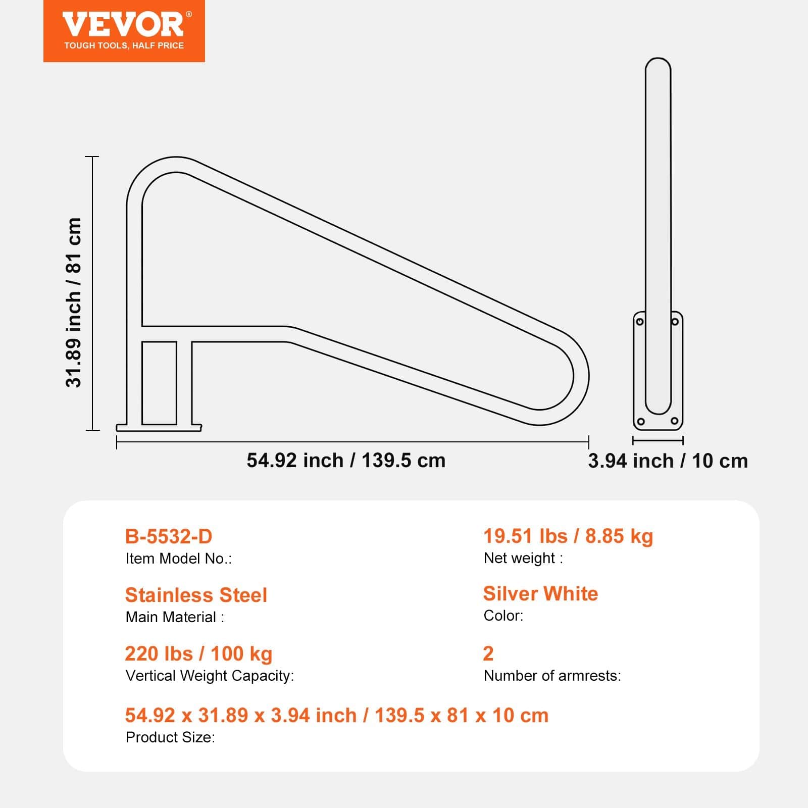 Pool Handrail 2 Pcs 55 X 32 Inch Stainless Steel With Base Plate For