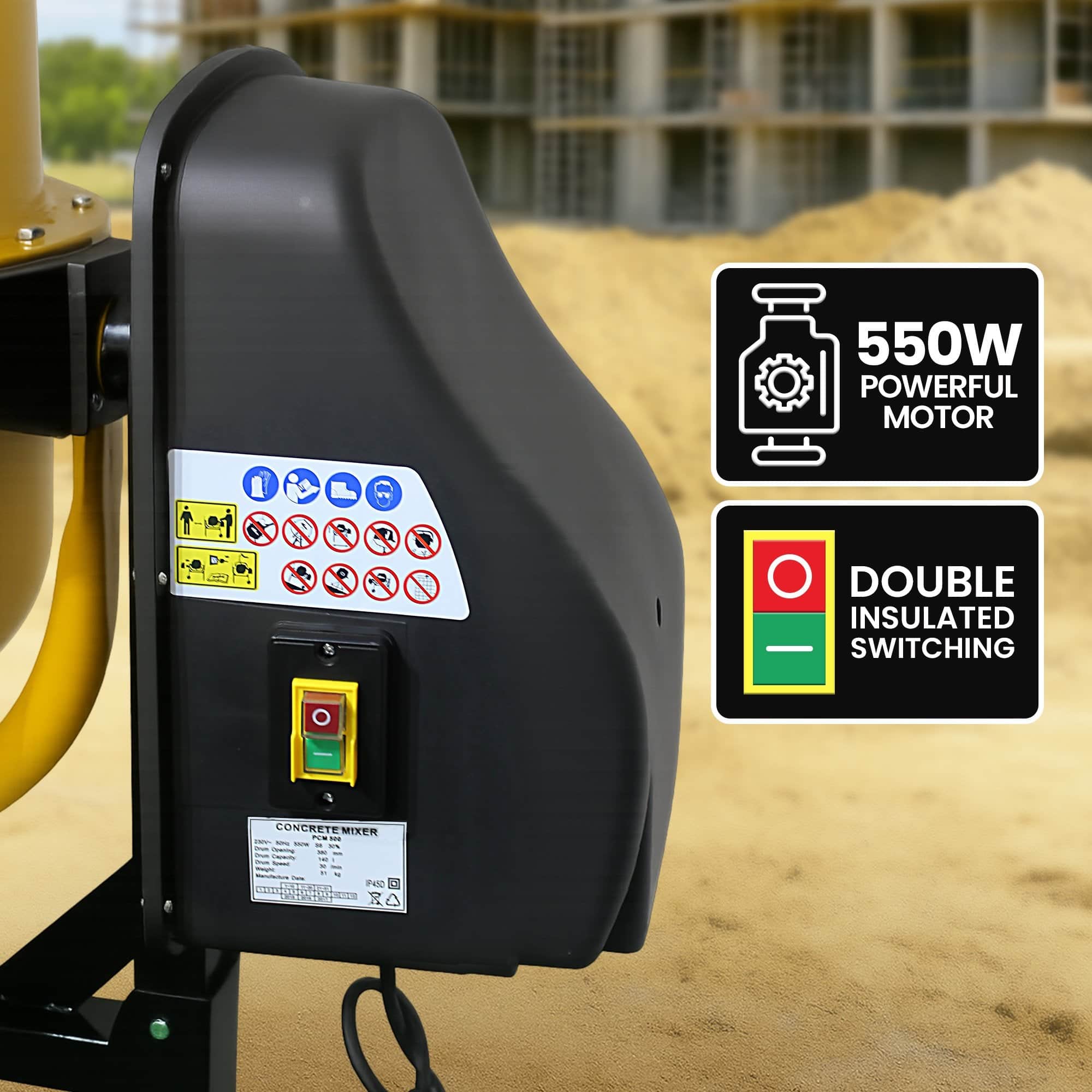 Portable 140L Concrete Cement Mixer Sand Gravel Dual Mix Blades & Tipper Lock 550W, 550W