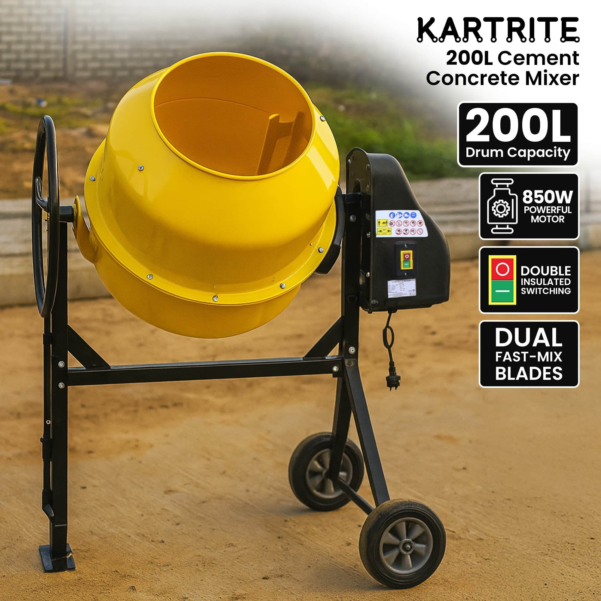 Portable 200L Concrete Cement Mixer Sand Gravel Dual Mix Blades & Tipper Lock 850W