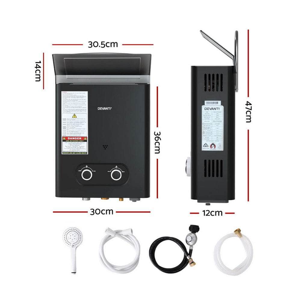 Black colour - Portable Gas Water Heater 6L/Min Lpg System Black