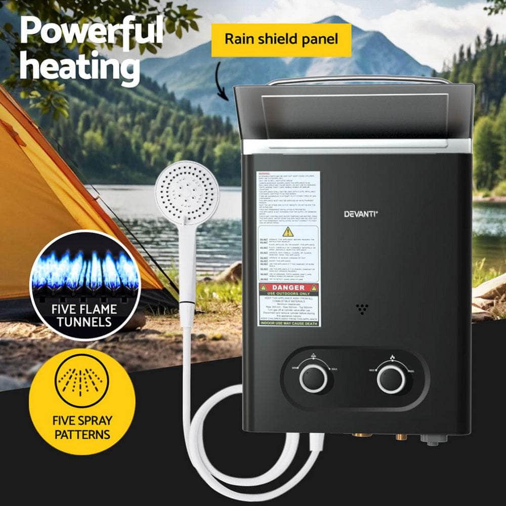 Portable Gas Water Heater 6L/Min Lpg System Black | Portable Toilets & Showers