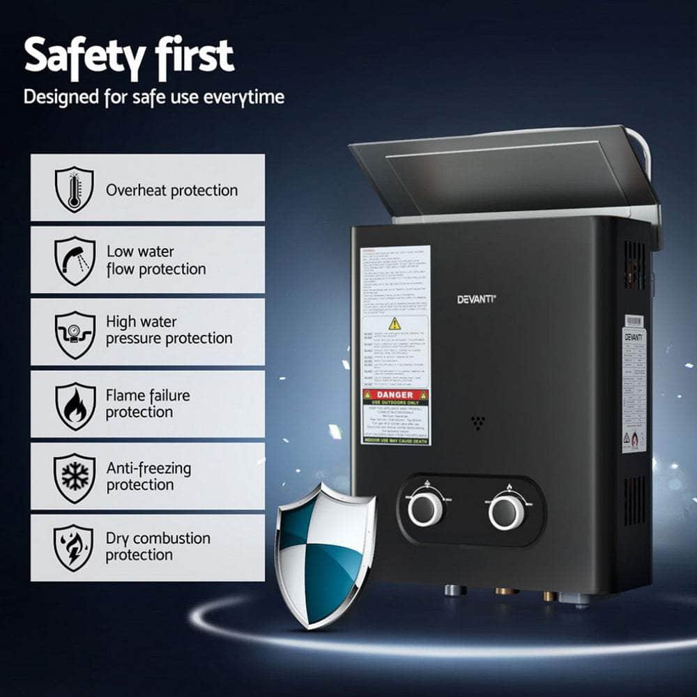 Portable Gas Water Heater 6L/Min Lpg System Black, Portable Toilets & Showers