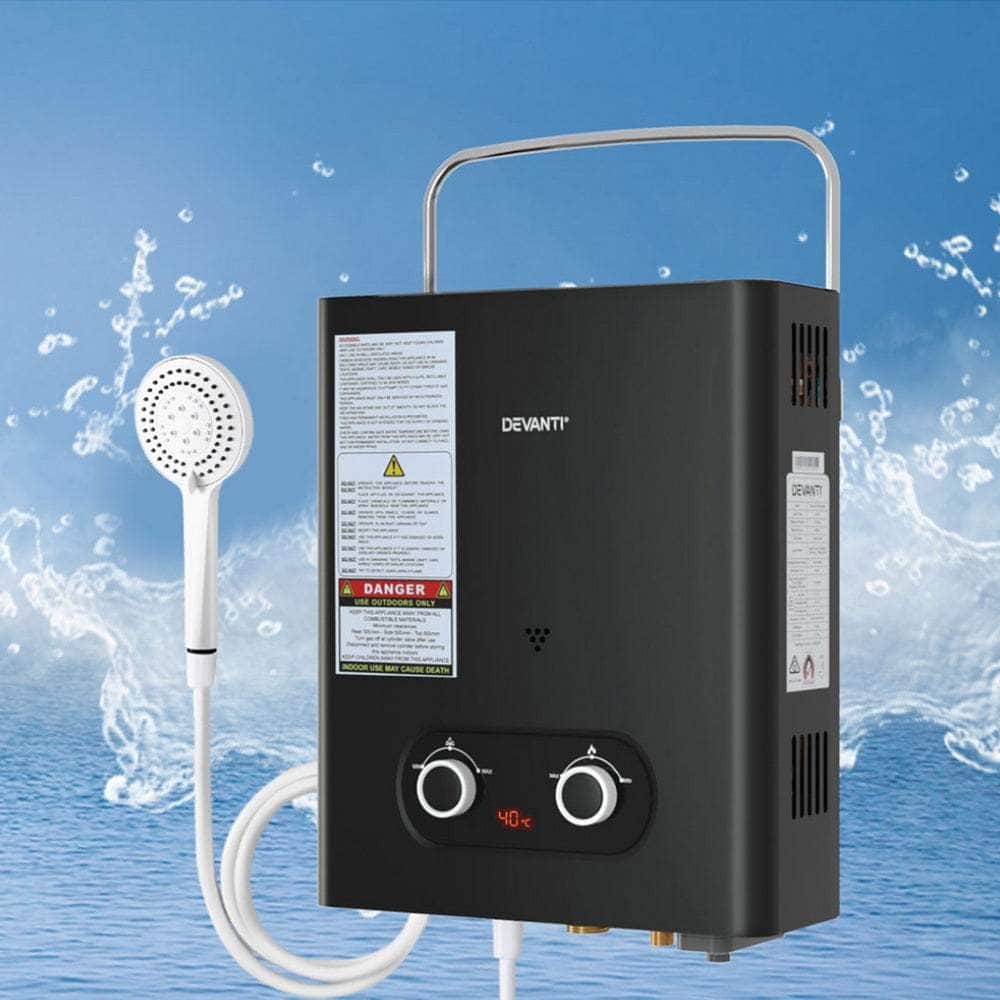 Portable Gas Water Heater 6L/Min Lpg System Black, Black colour
