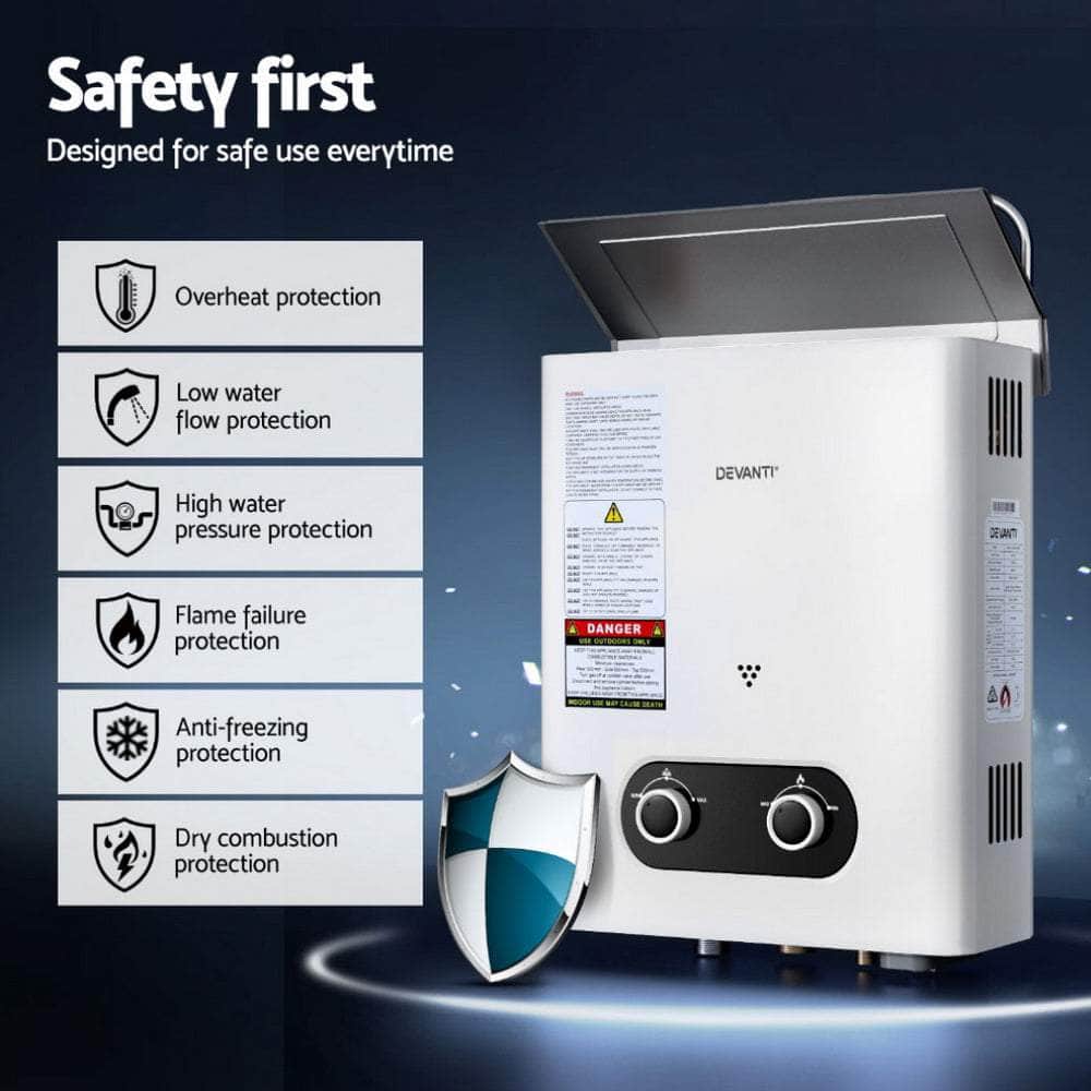 Portable Gas Water Heater 6Lpm Outdoor Camping Shower White, Portable Toilets & Showers