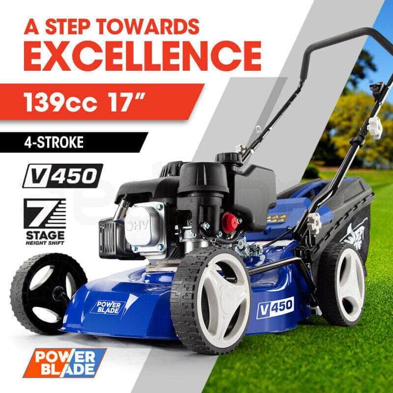 POWERBLADE 17" Lawn Mower 139Cc Petrol Powered 4 Stroke Steel Lawnmower Push