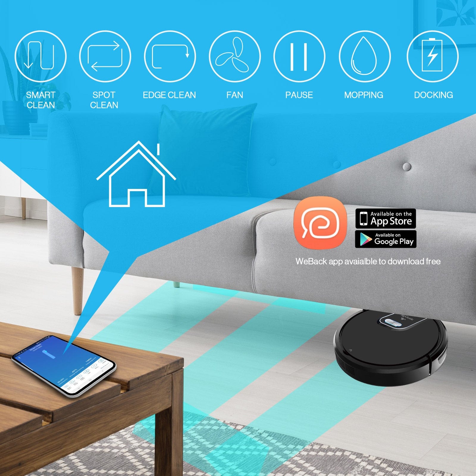 Powerful Gmax Wi-Fi Robotic Vacuum Cleaner - Black - Black colour