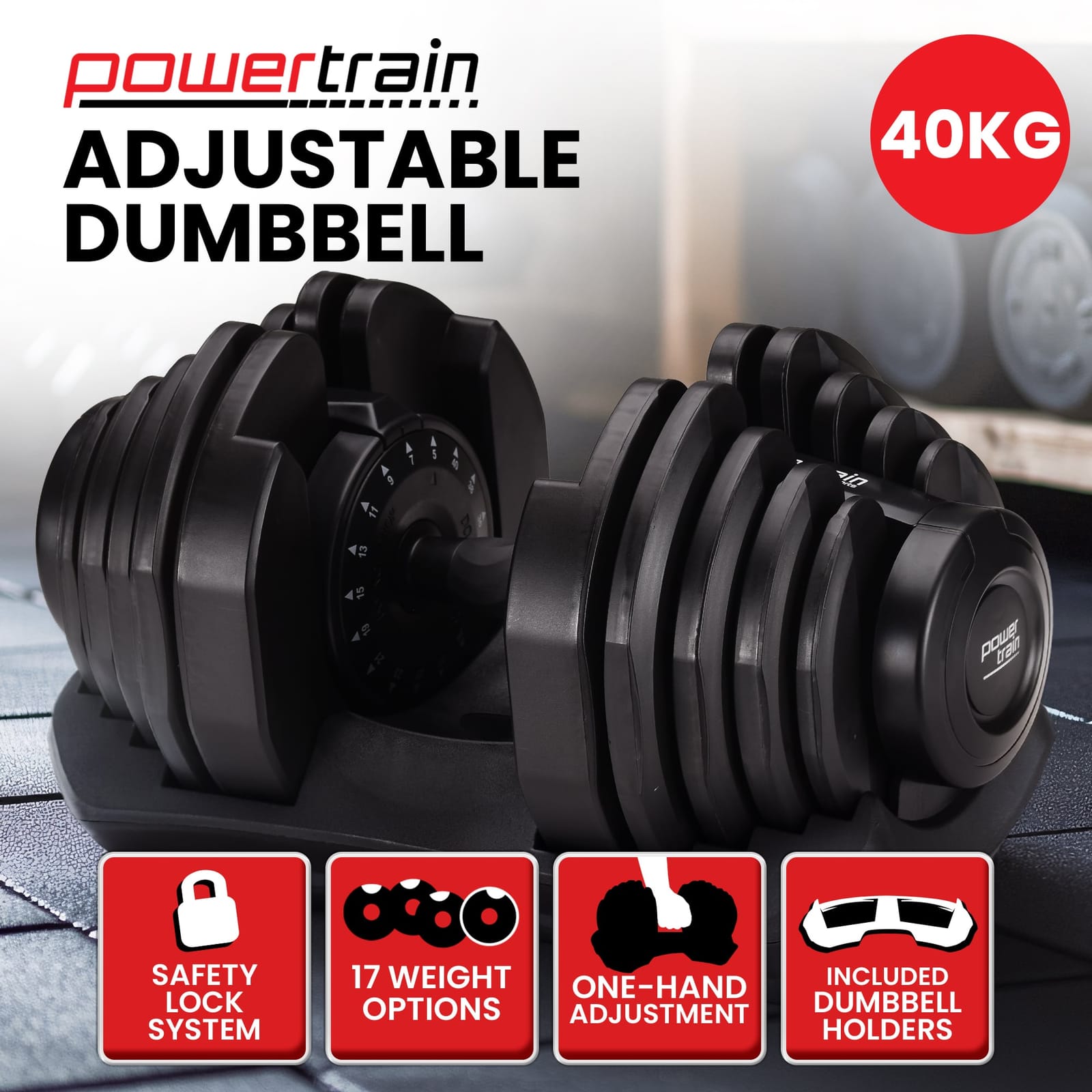 Adjustable Dumbbell 40kg Powertrain Home Gym | Simpledeals