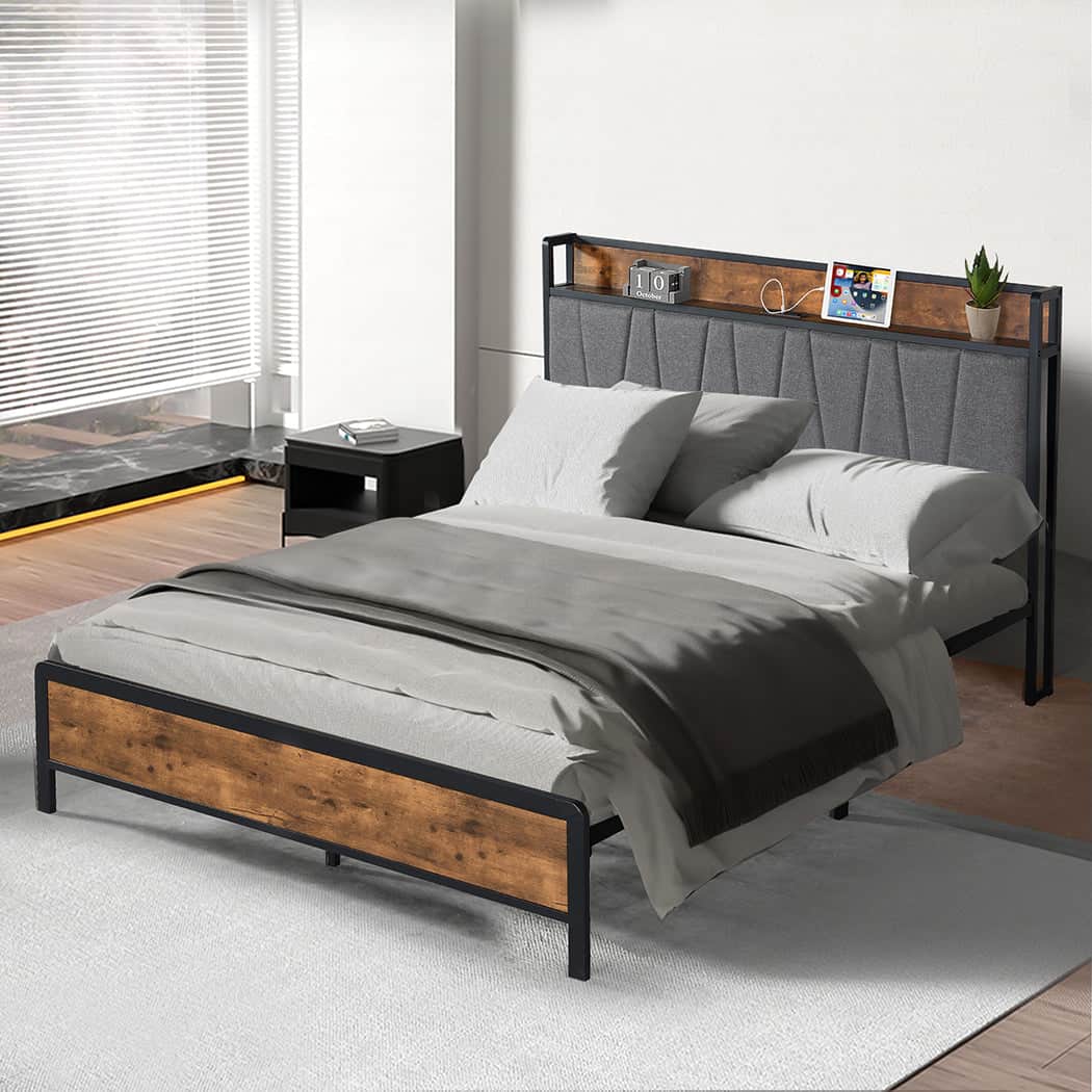 Premium Double Bed Frame Tufted Headboard USB Charge  High Back