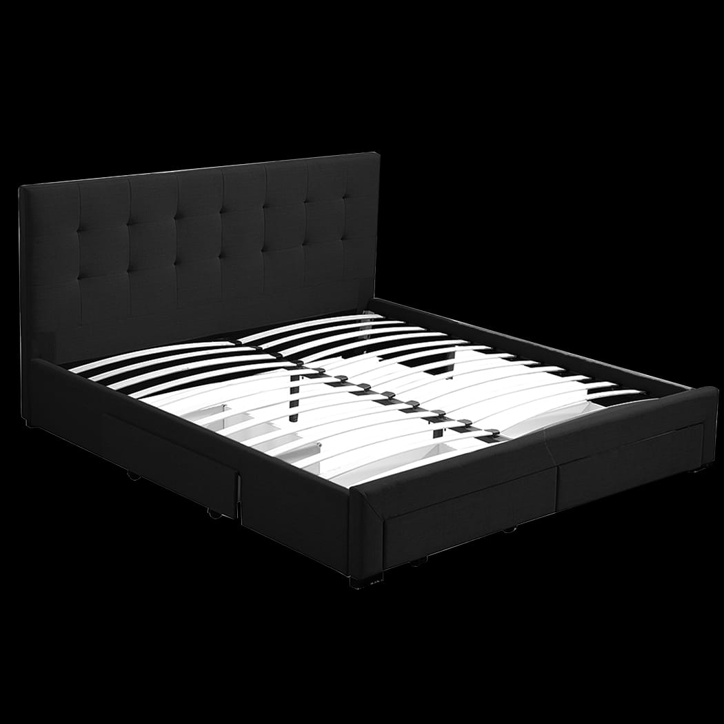 Queen Bed Frame Tufted Fabric Upholstered Dark Grey | Premium Base Storage Drawer