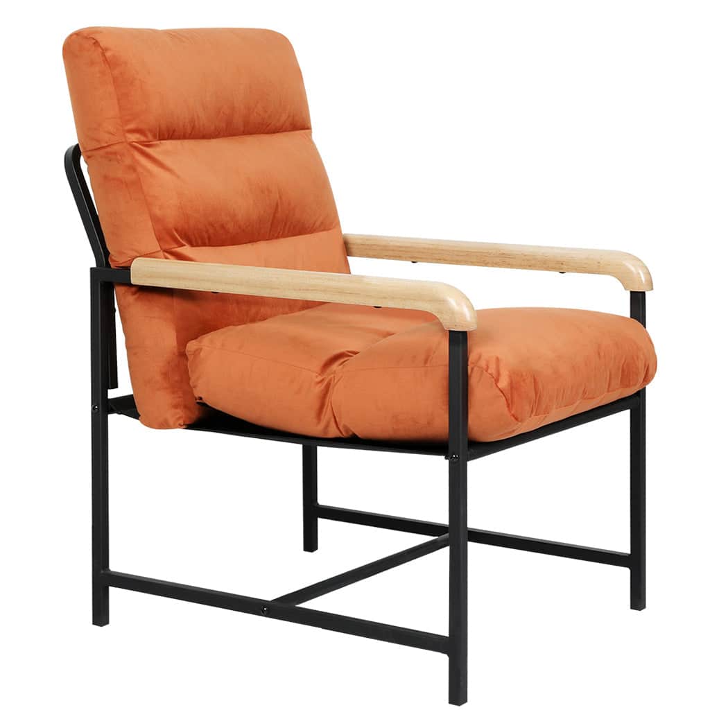 Premium Metal Framed Lounge Chair Velvet in Orange  High Back Support