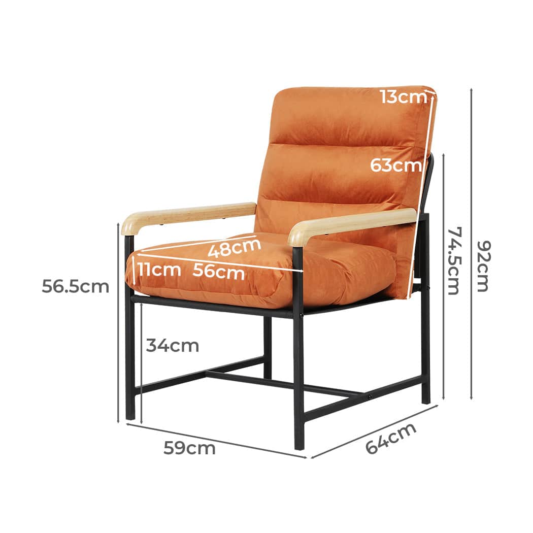 Premium Metal Framed Lounge Chair Velvet in Orange  High Back Support