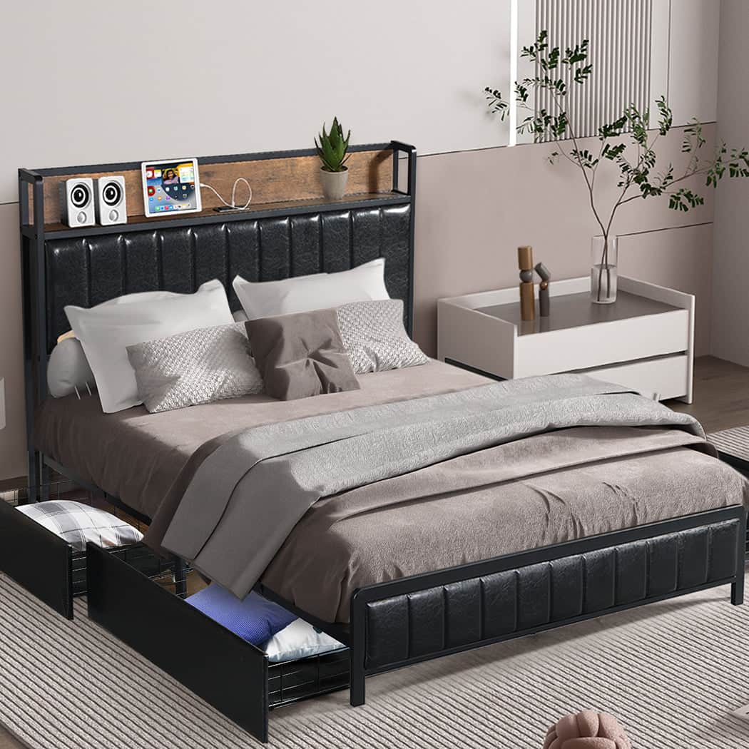 Premium Queen Bed Frame PU 4 Drawer USB Charge  Premium Quality Build