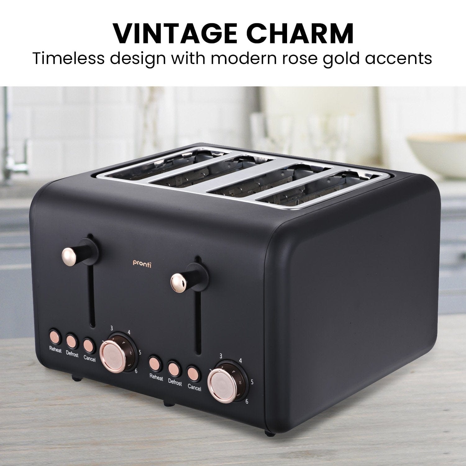 Pronti 4 Slice Toaster Rose Trim Collection - Black | Black colour