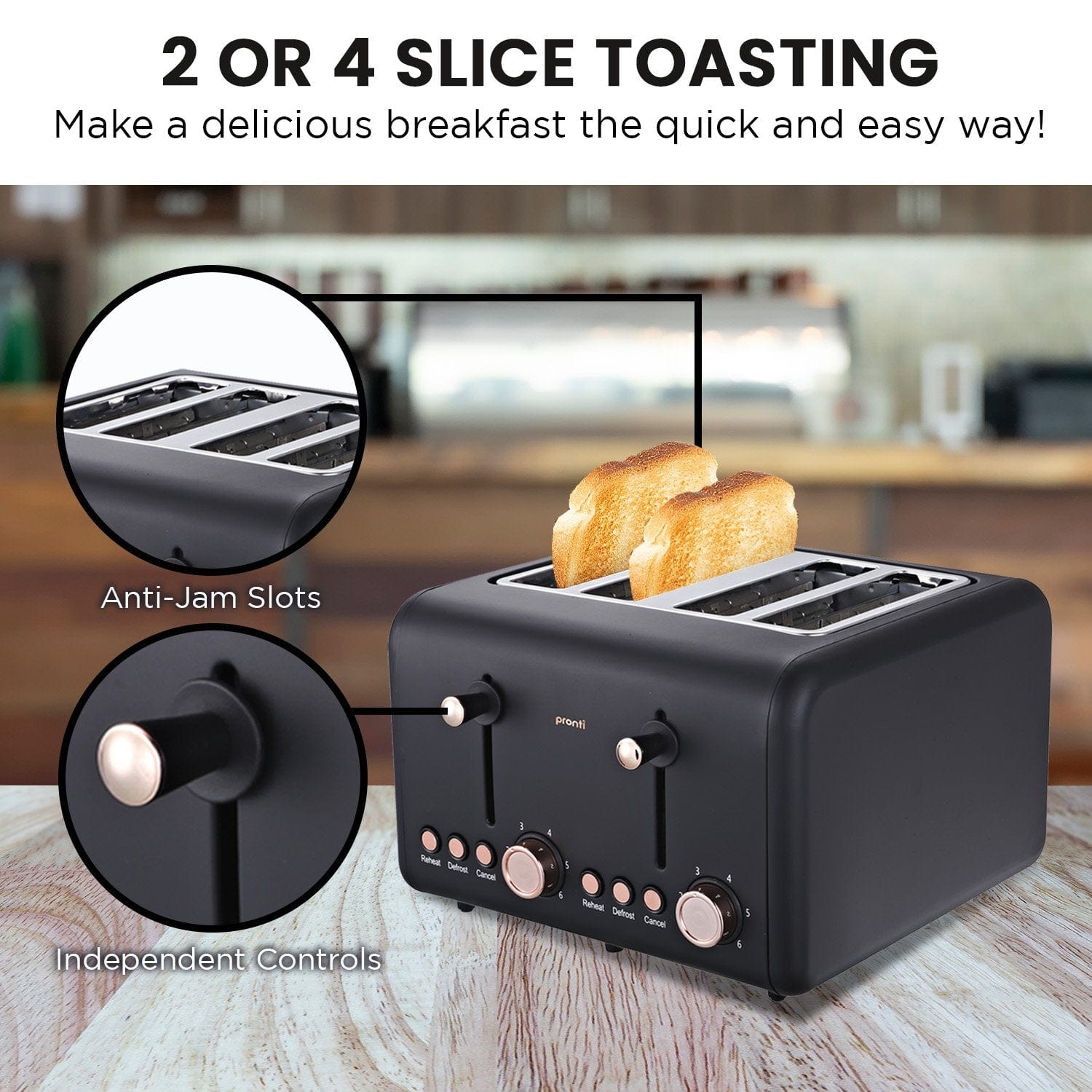 Pronti 4 Slice Toaster Rose Trim Collection - Black, drop1