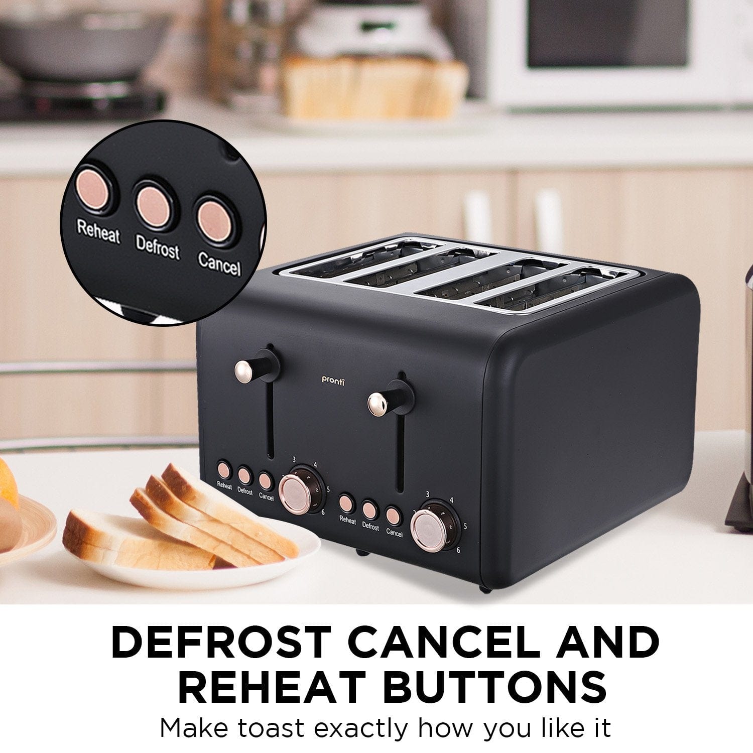 Pronti 4 Slice Toaster Rose Trim Collection - Black, Black colour