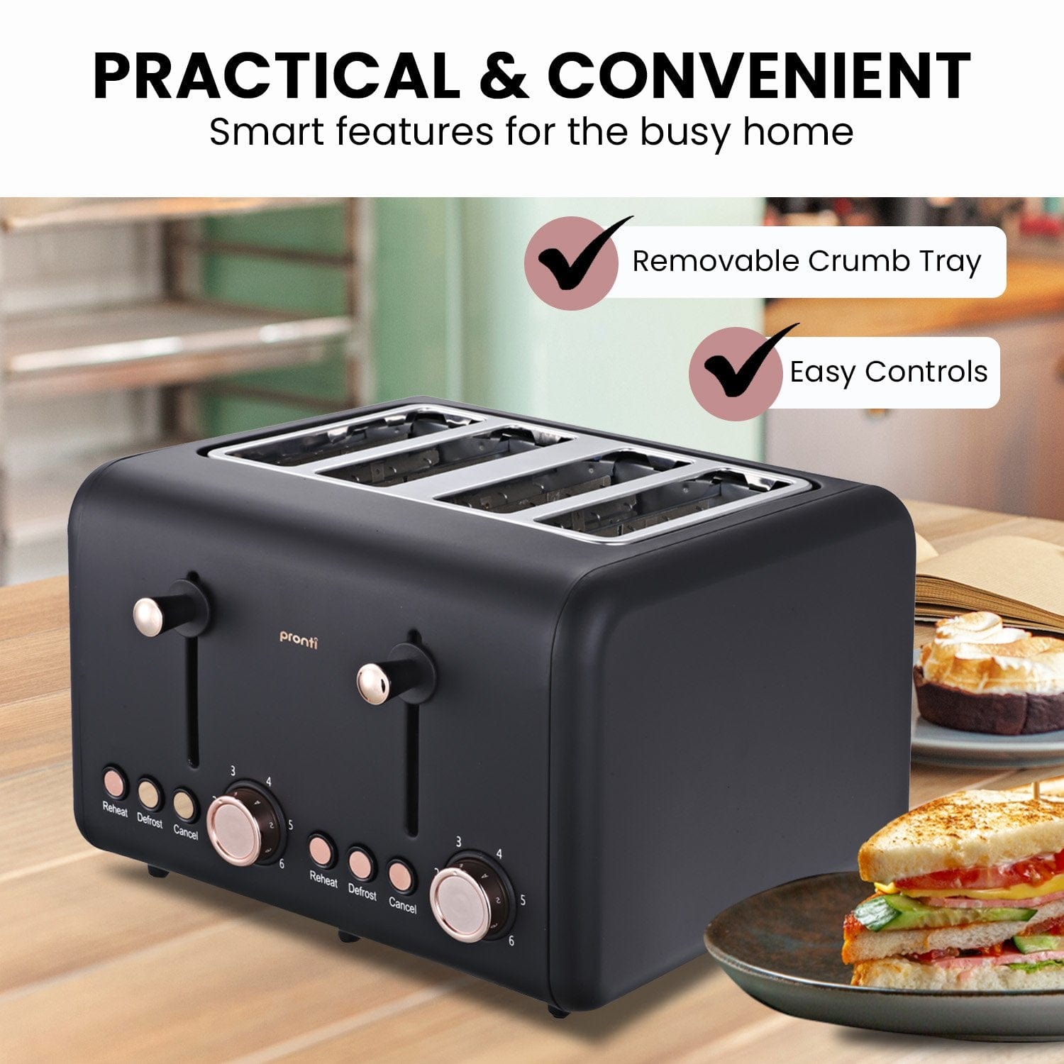 Pronti 4 Slice Toaster Rose Trim Collection - Black with Black colour