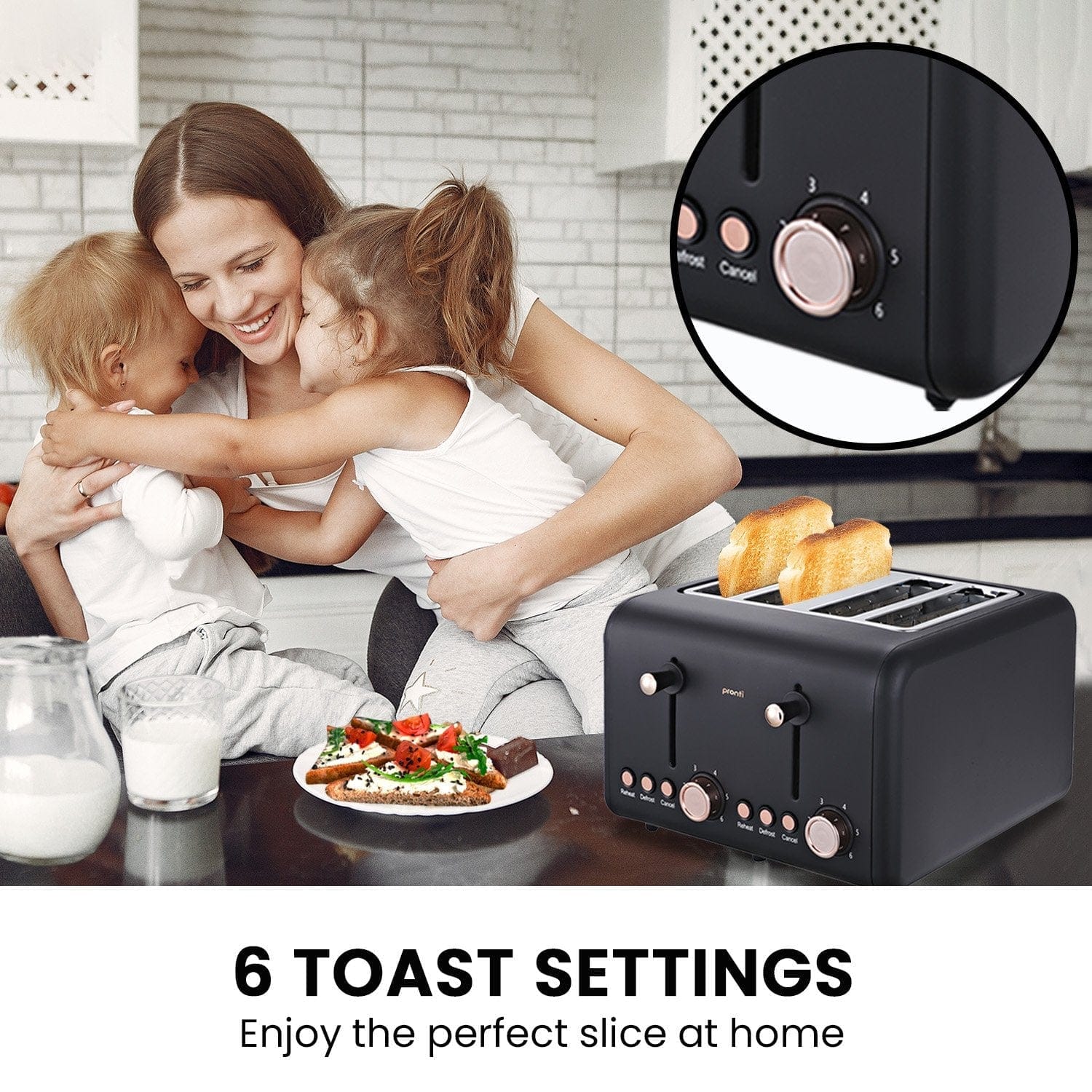 Pronti 4 Slice Toaster Rose Trim Collection - Black - Black colour