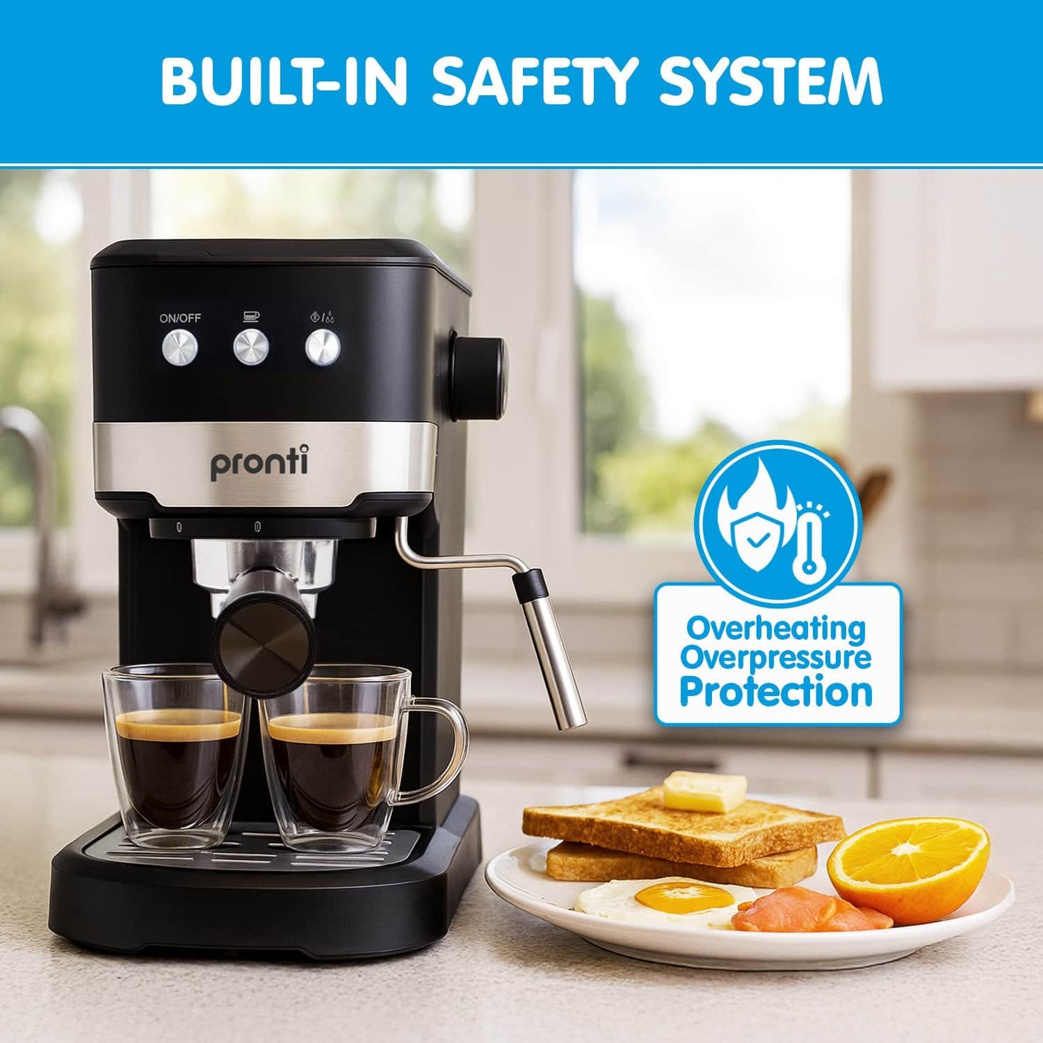 Pronti CM 850D Coffee Machine 20 Bar Espresso Maker with Milk Frother and 1.25L Tank