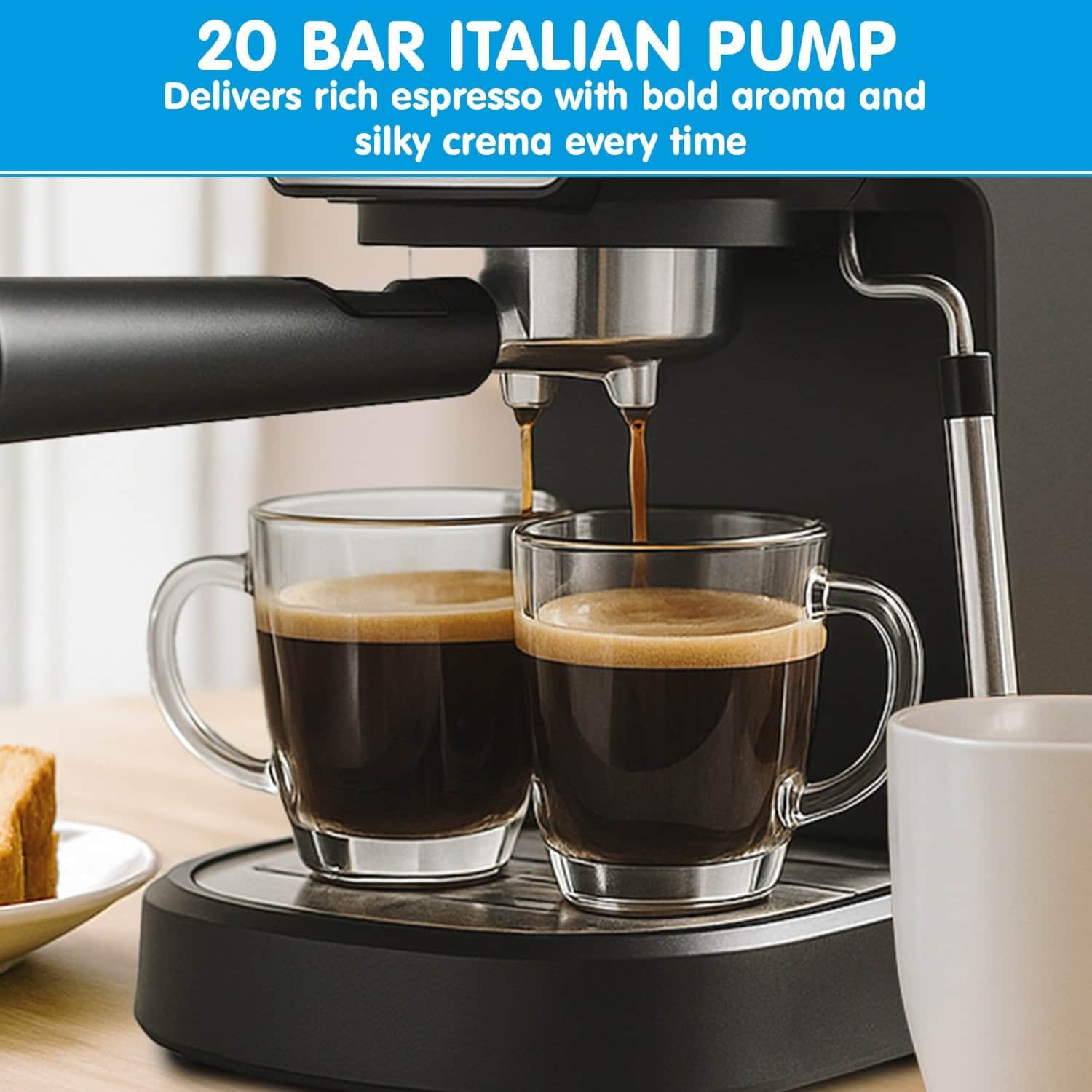 Pronti CM 850D Coffee Machine 20 Bar Espresso Maker with Milk Frother and 1.25L Tank