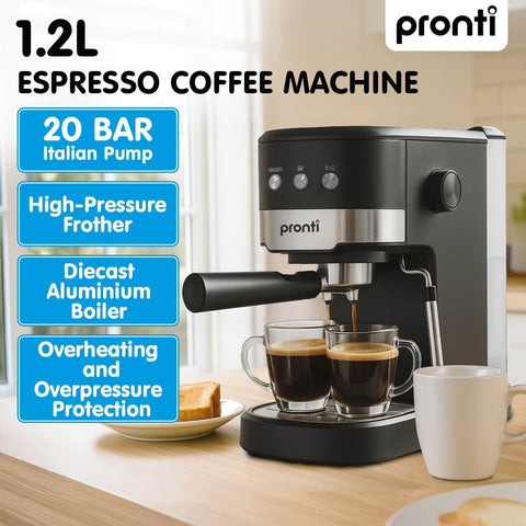 Pronti CM 850D Coffee Machine 20 Bar Espresso Maker with Milk Frother and 1.25L Tank