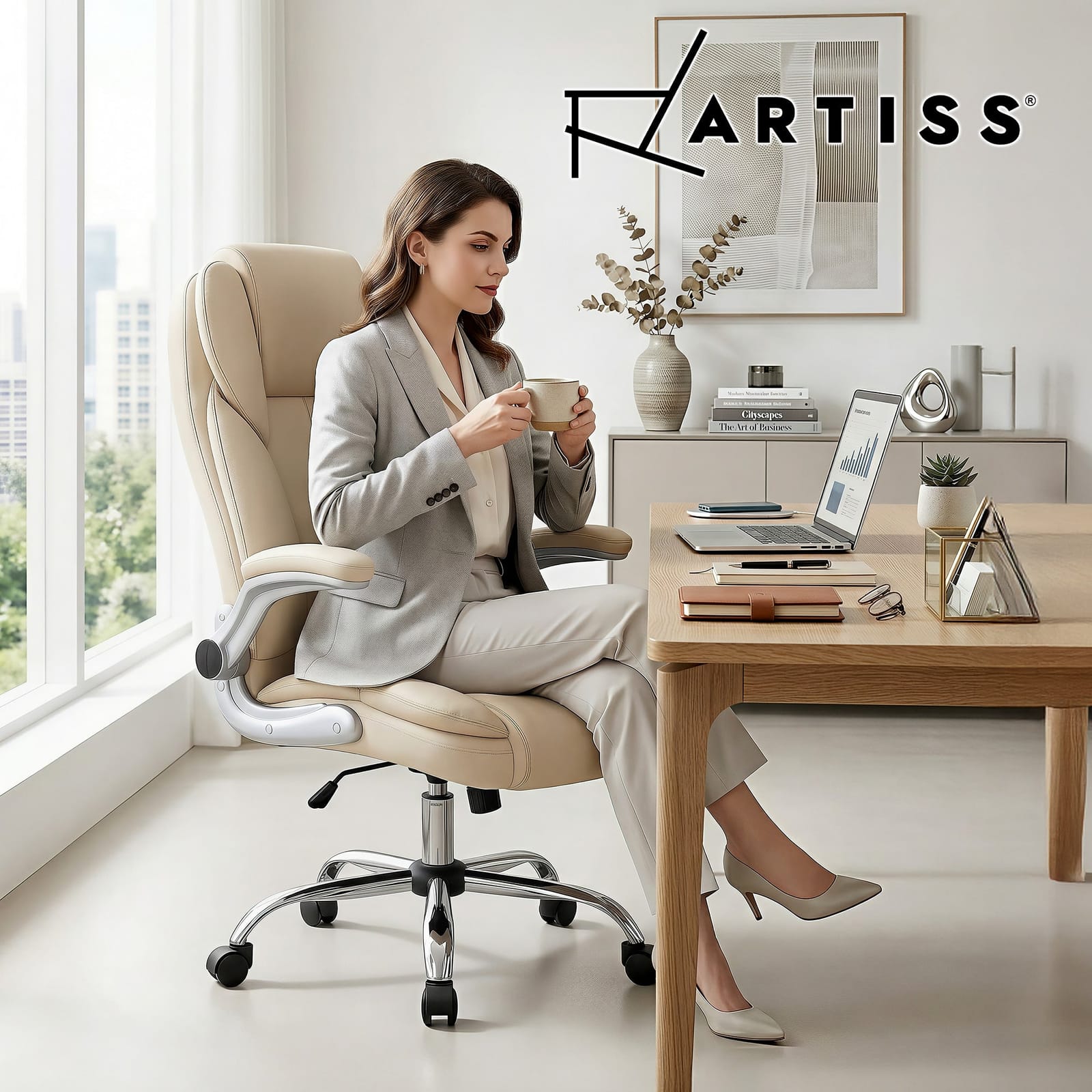 Office & Desk Chairs - Beige Leather Executive Office Chair Tilt Adjustable
