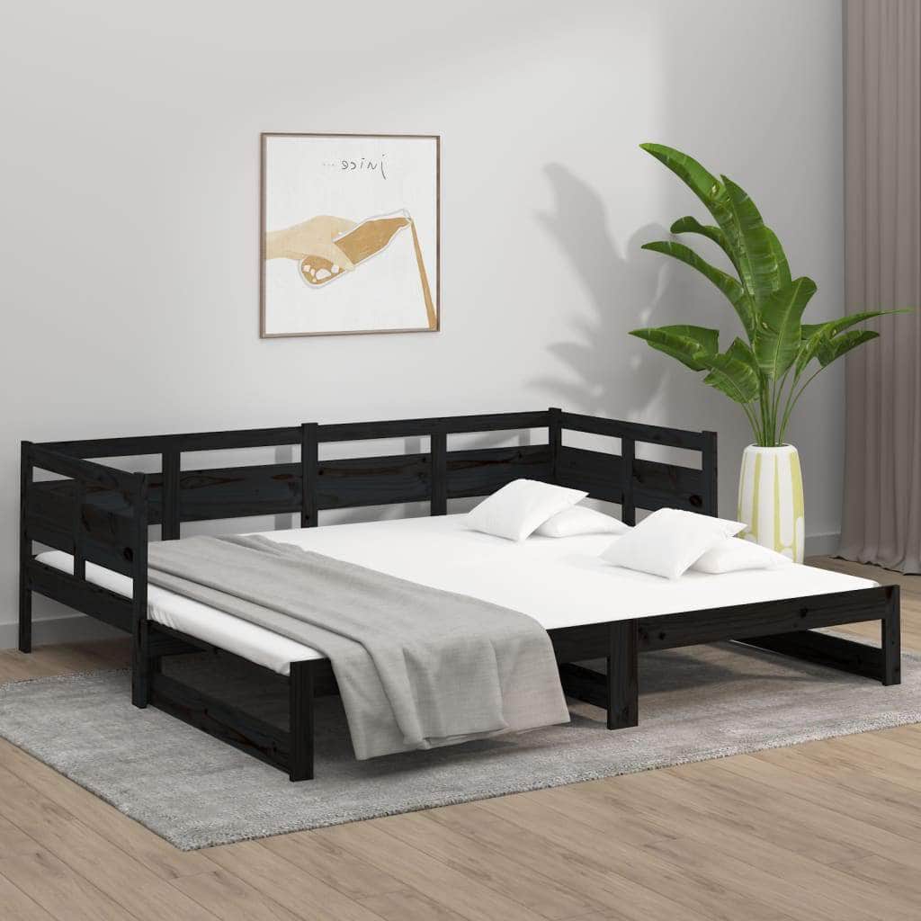 Pull-out Day Bed Black Solid Wood Pine Single Size