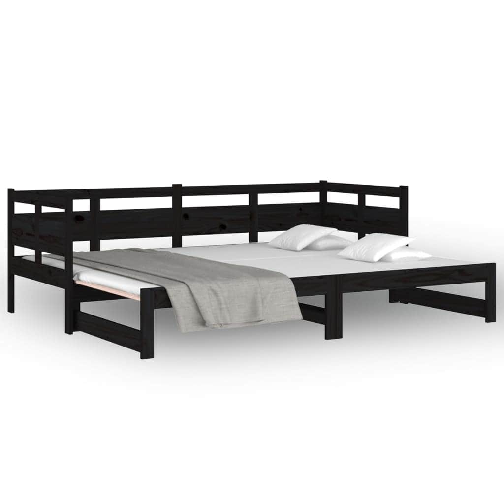 Pull-out Day Bed Black Solid Wood Pine Single Size