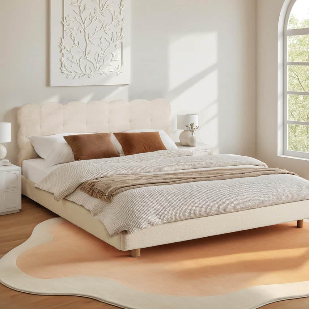 Queen Bed Frame Cloud Headboard Boucle Fabric Mattress Platform Base