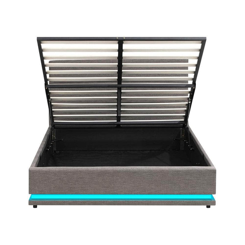 Contemporary Grey Gas Lift LED Bed Frame with Built-In
