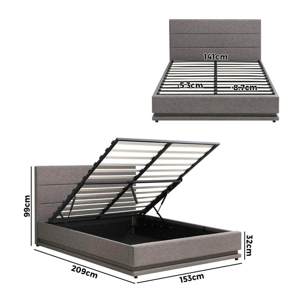 Queen Bed Frame LED Mattress Base with Gas Lift and Storage Space Grey