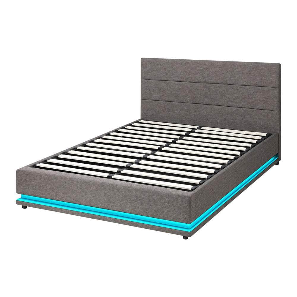 Queen Bed Frame LED Mattress Base with Gas Lift and Storage Space Grey