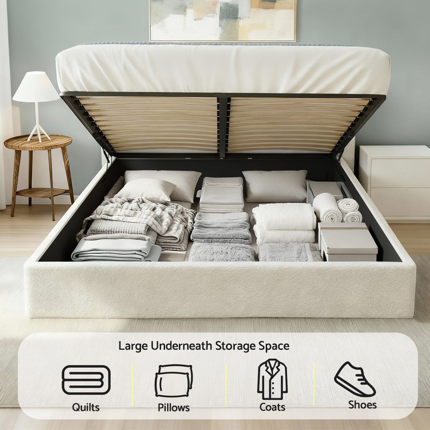 White colour - Queen Size Gas Lift Bed Frame With Storage Wooden Boucle Upholstered White