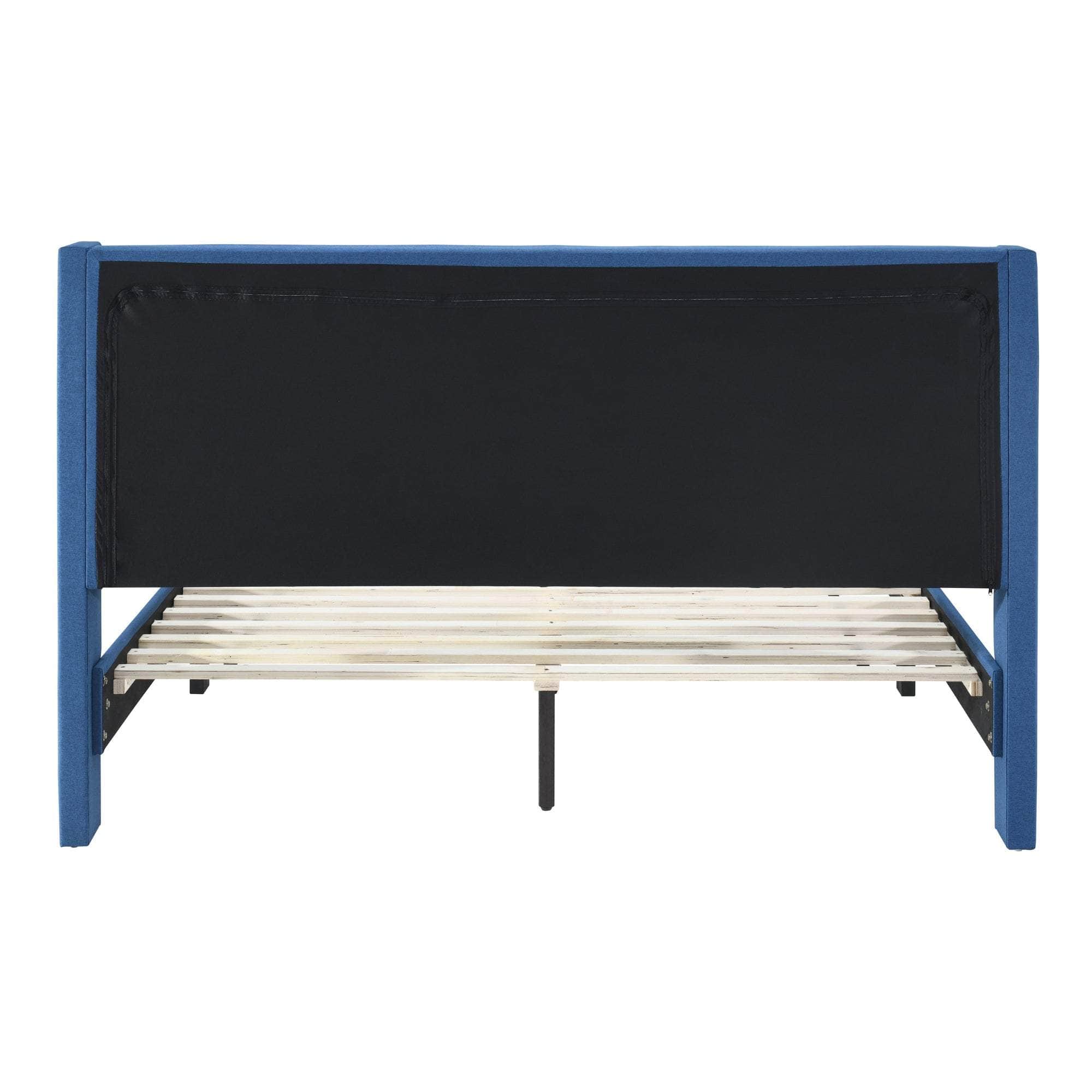 Queen Bed Winged Headboard Fabric Upholstered - Blue
