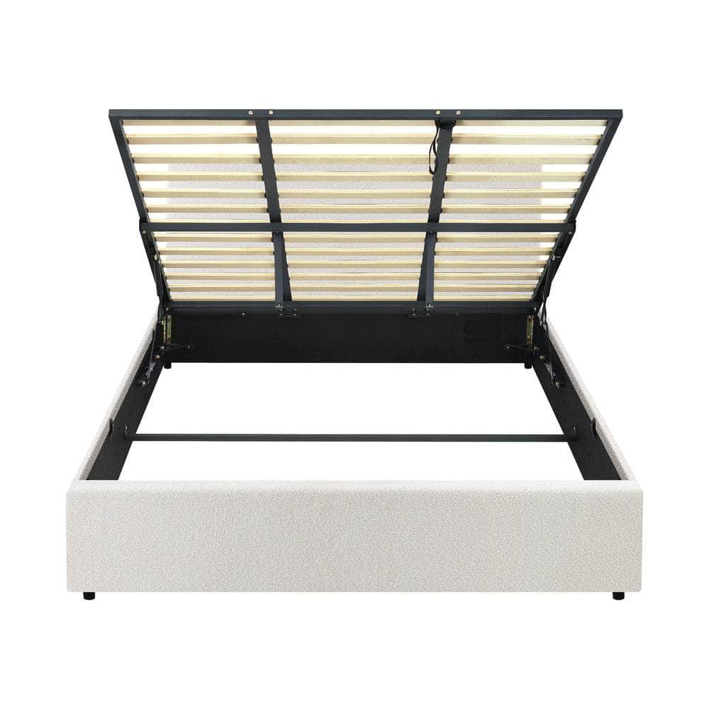 Queen/King/Single/Double Bed Frame Gas Lift Storage Base White Boucle