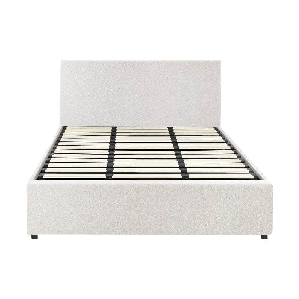 Queen/King/Single/Double Bed Frame Gas Lift Storage Base White Boucle