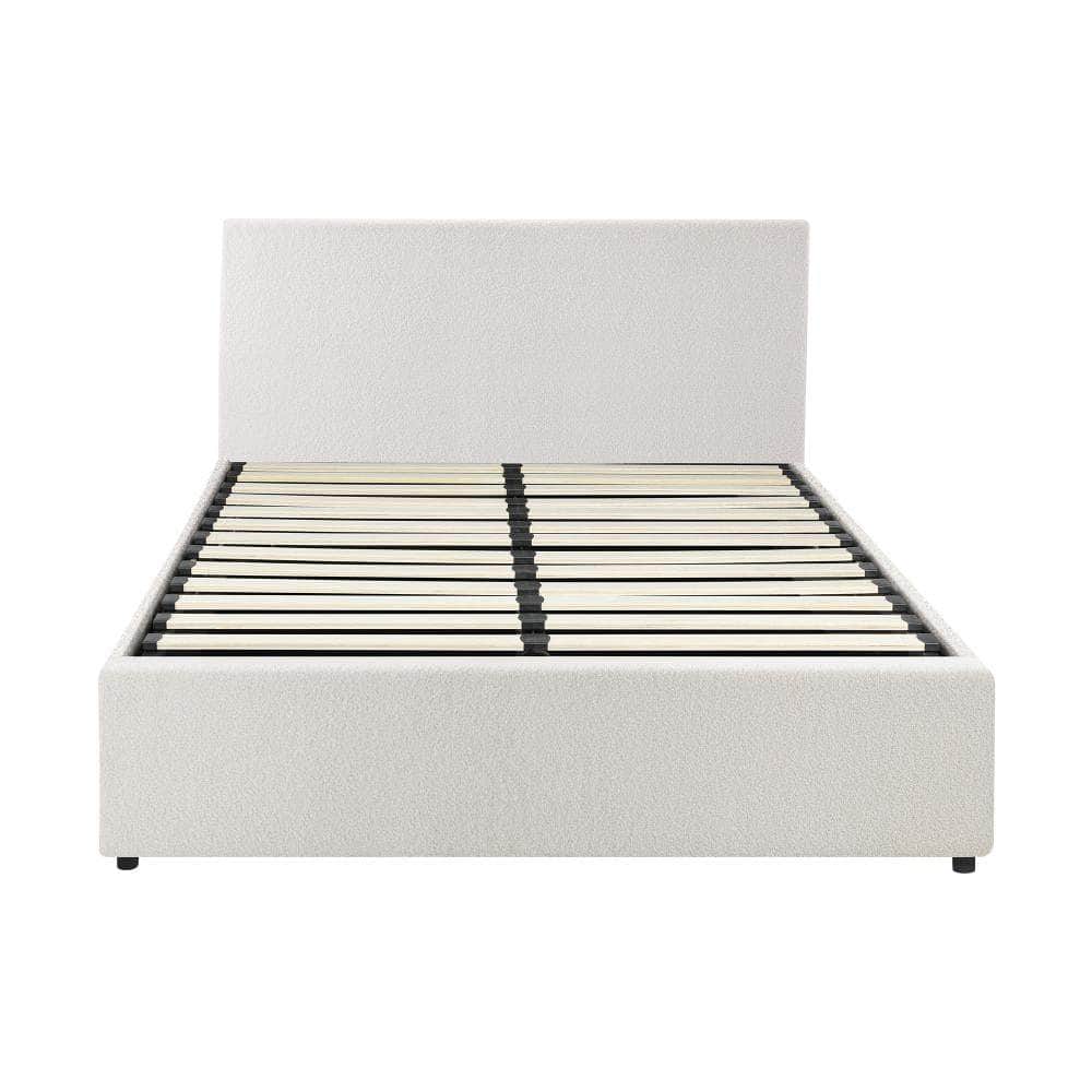 Queen/King/Single/Double Bed Frame Gas Lift Storage Base White Boucle