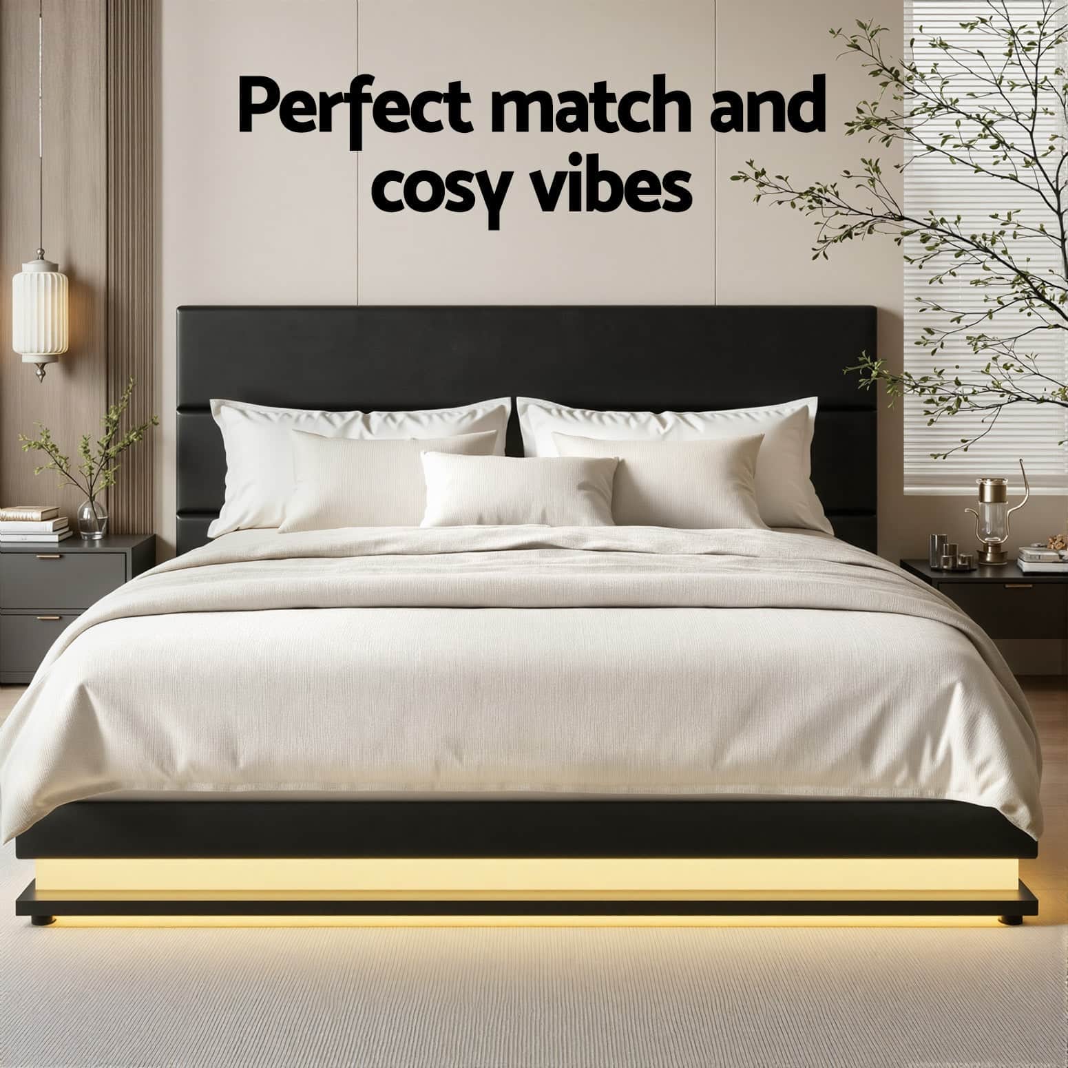 Queen LED Gas Lift Bed Frame Black PVC Leather Storage Bed with LED Lighting