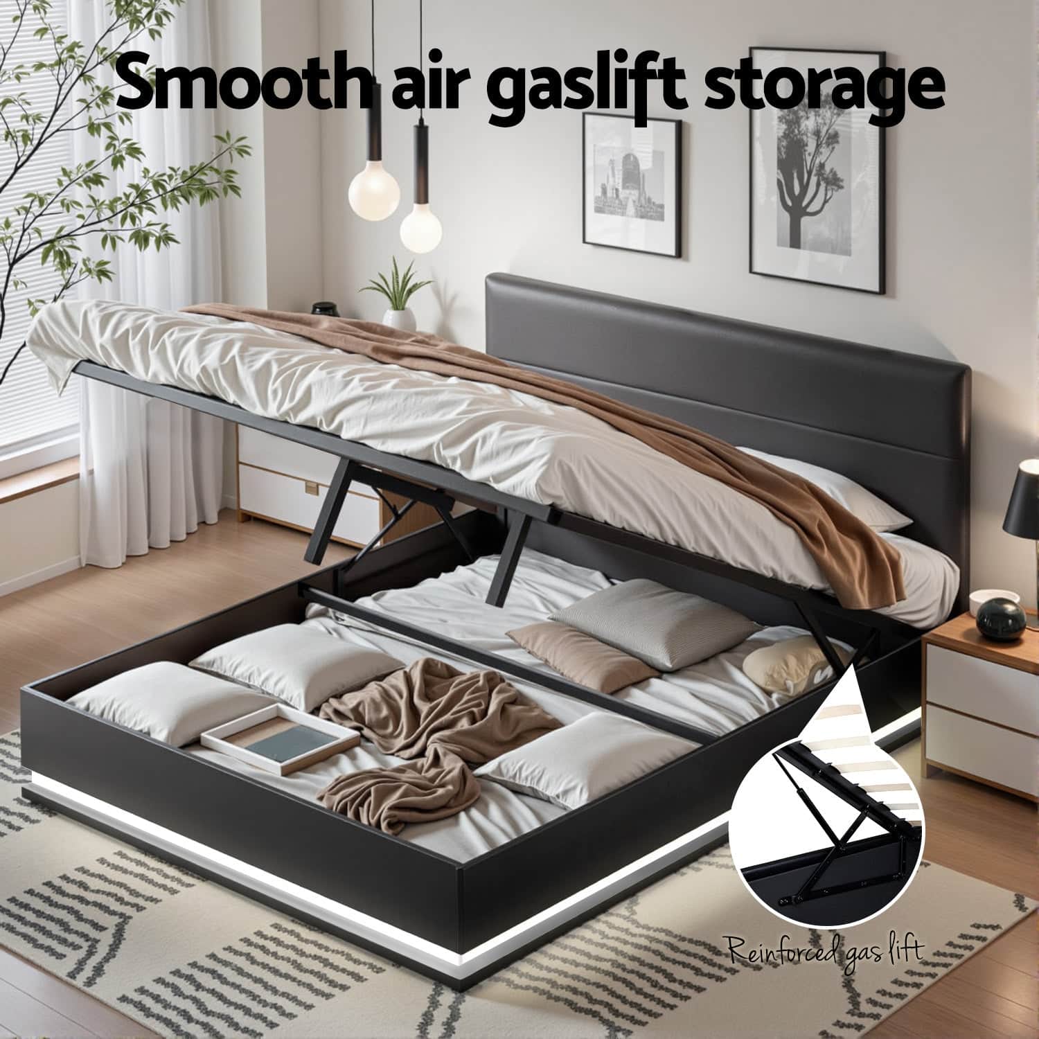 Queen LED Gas Lift Bed Frame Black PVC Leather Storage Bed with LED Lighting
