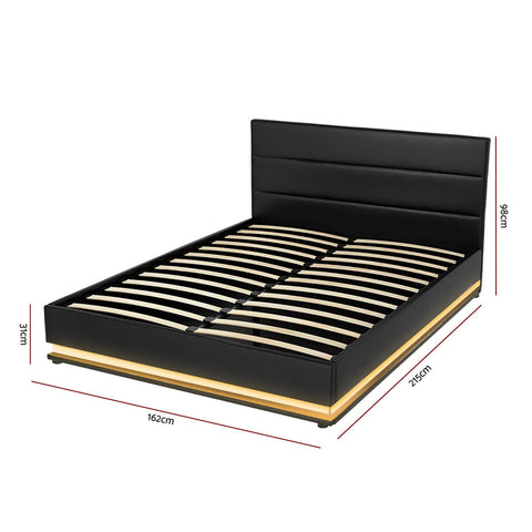 Queen LED Gas Lift Bed Frame Black PVC Leather Storage Bed with LED Lighting