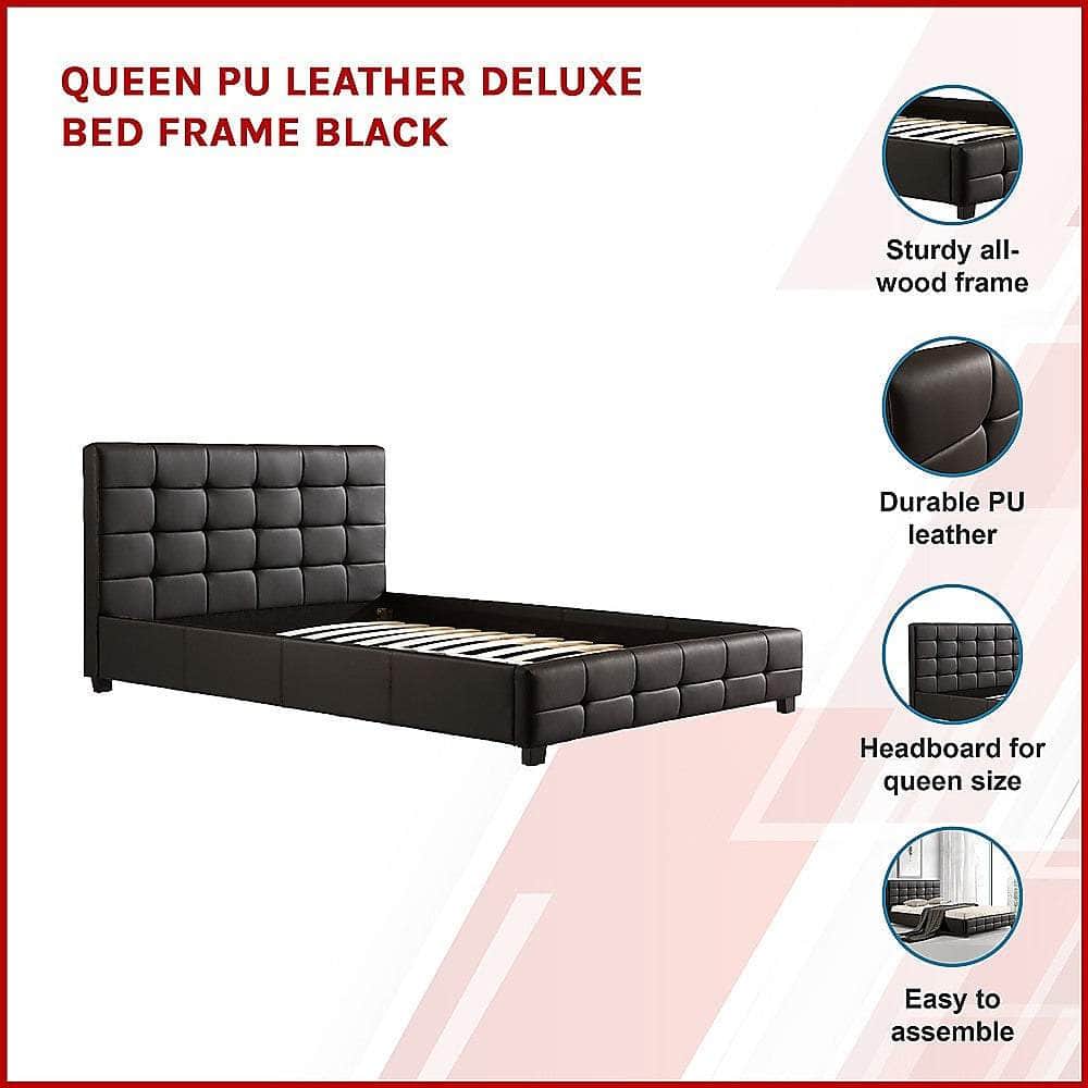 Queen Pu Leather Deluxe Bed Frame Black