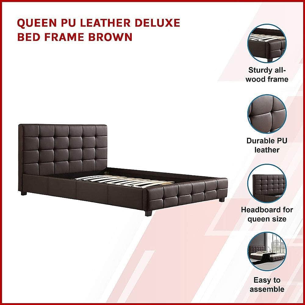 Queen Pu Leather Deluxe Bed Frame Brown