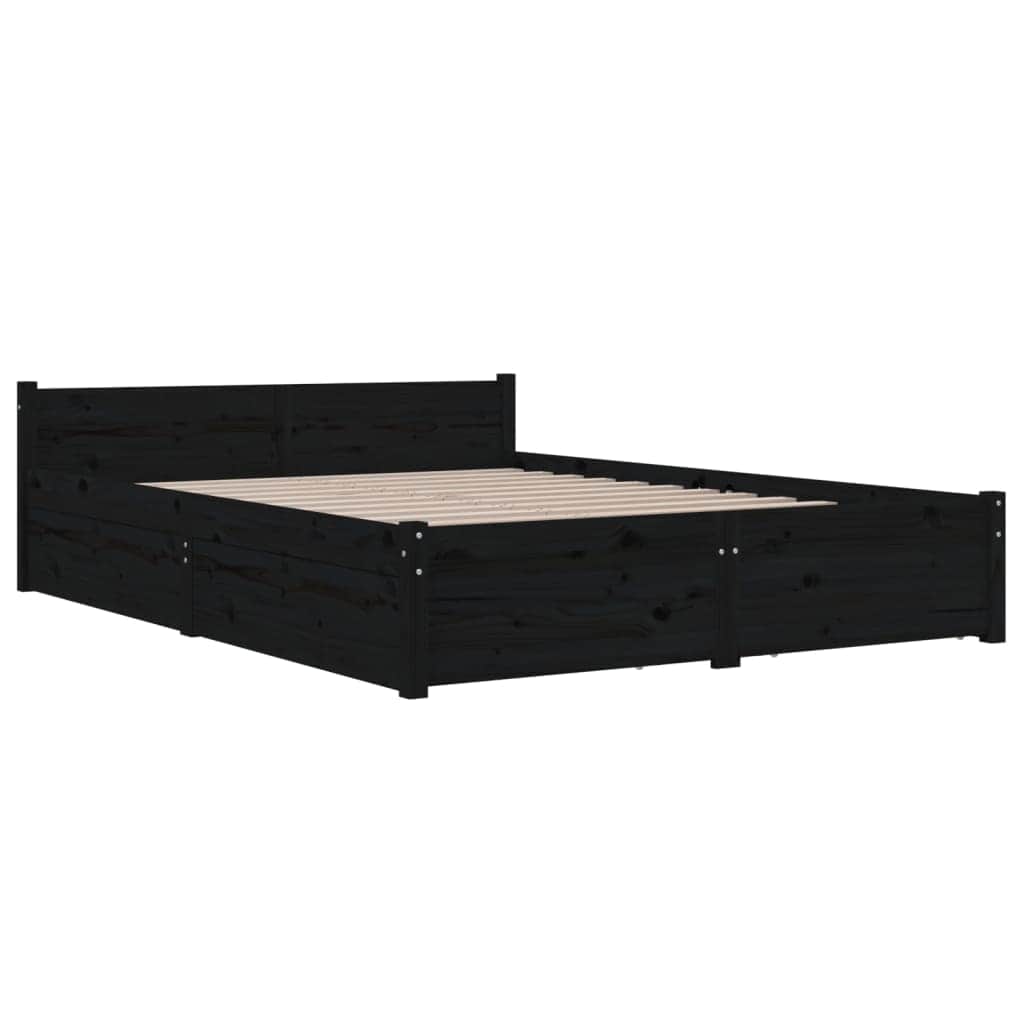 Queen Size Bed Frame in Black with Drawers and Solid Pine Wood Boho