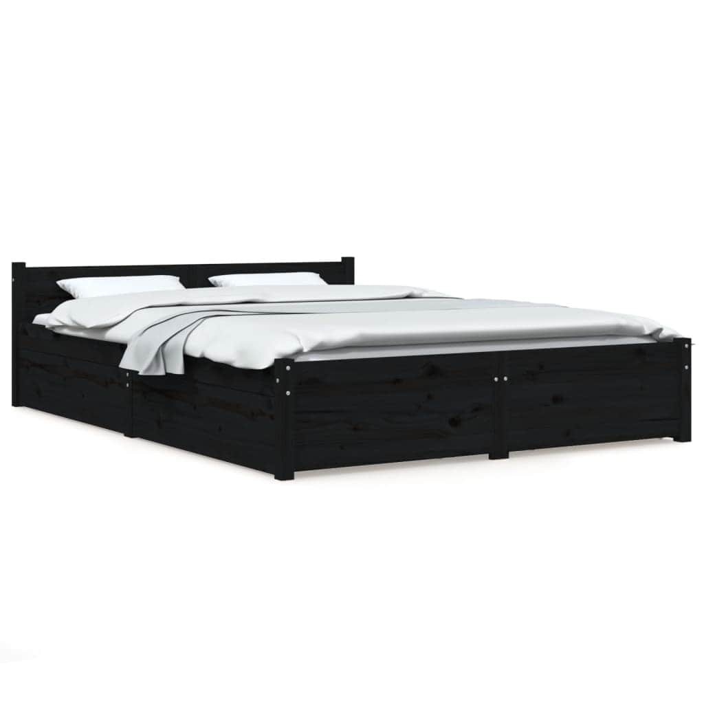 Queen Size Bed Frame in Black with Drawers and Solid Pine Wood Boho