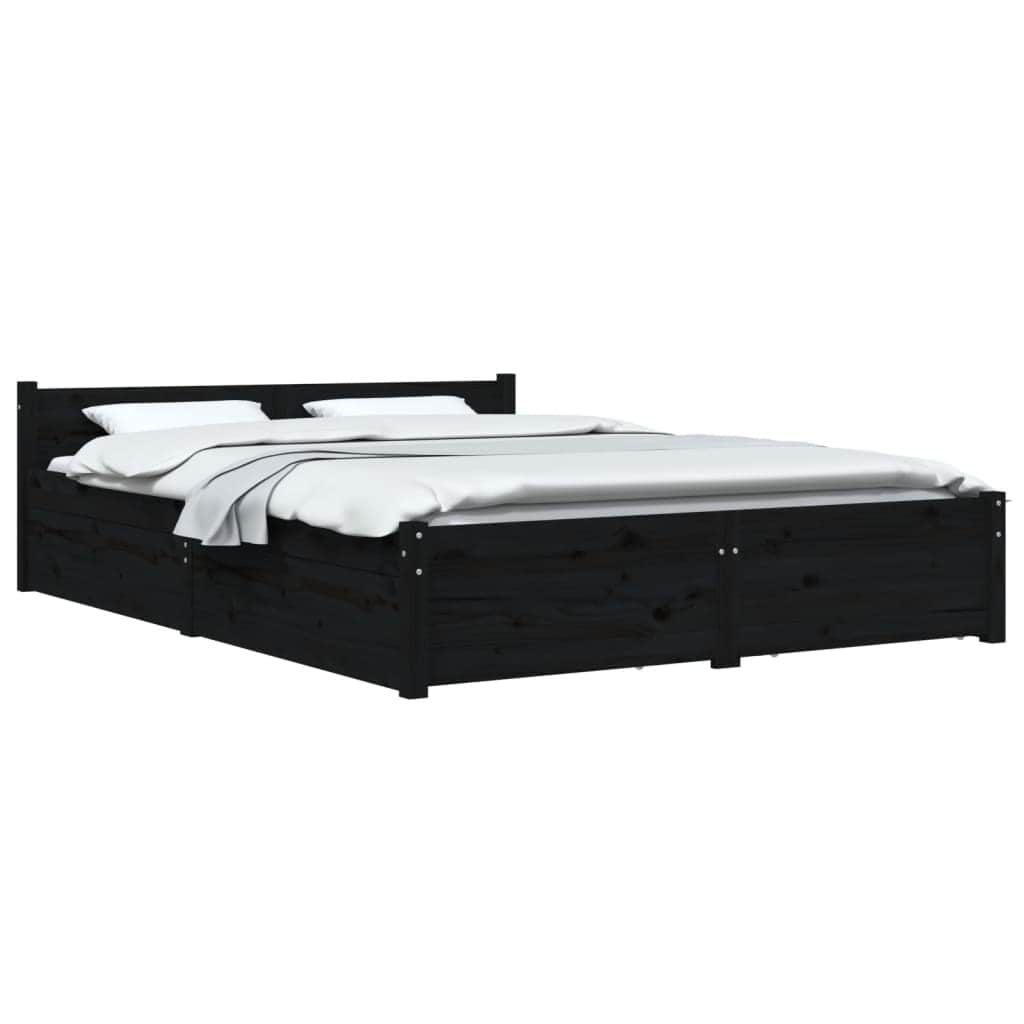 Queen Size Bed Frame in Black with Drawers and Solid Pine Wood Boho