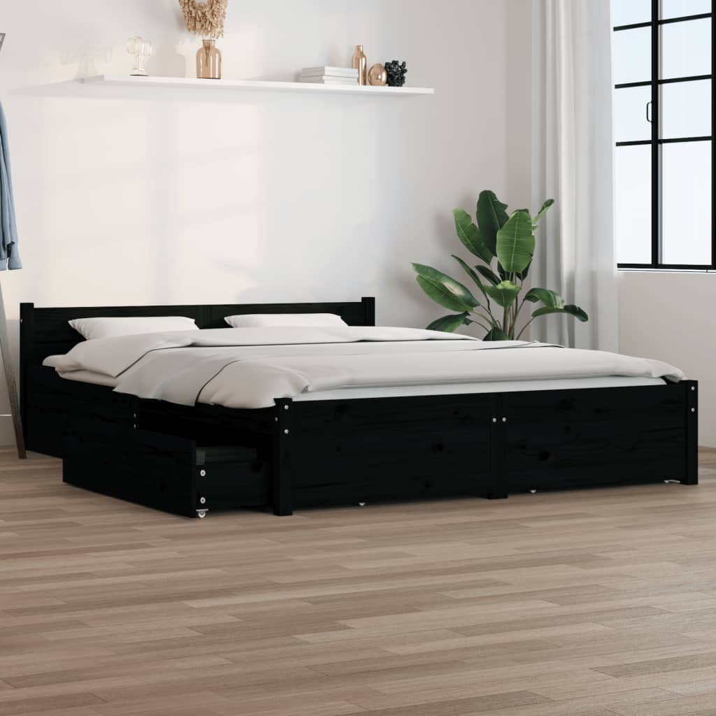 Queen Size Bed Frame in Black with Drawers and Solid Pine Wood Boho