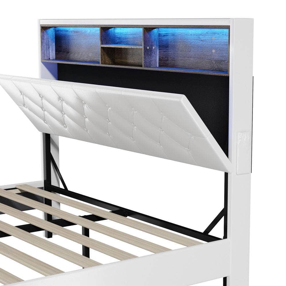 Queen Size Bed Frame with LED Storage Bedhead in White for Modern Bedroom