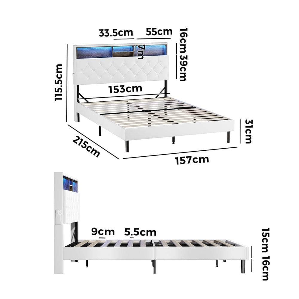 Queen Size Bed Frame with LED Storage Bedhead in White for Modern Bedroom